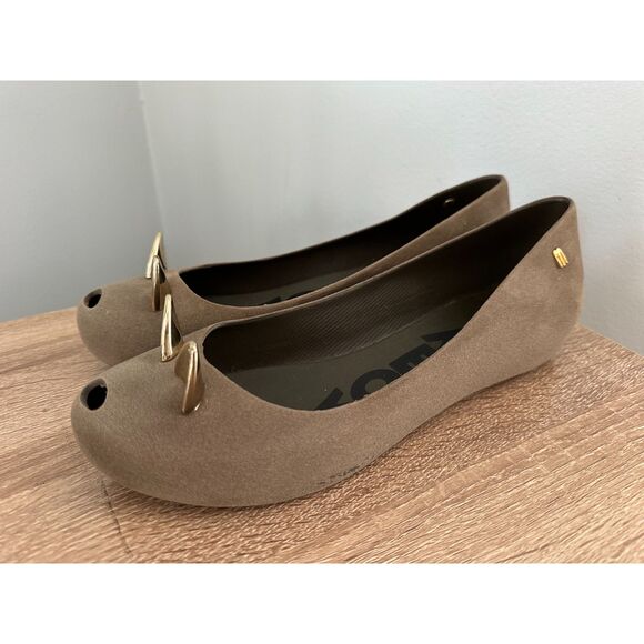 Melissa MEOW Cat Flats Gray Brown Peep Toe Ballet Shoes Womens sz 9 EU 40 - Picture 2 of 12